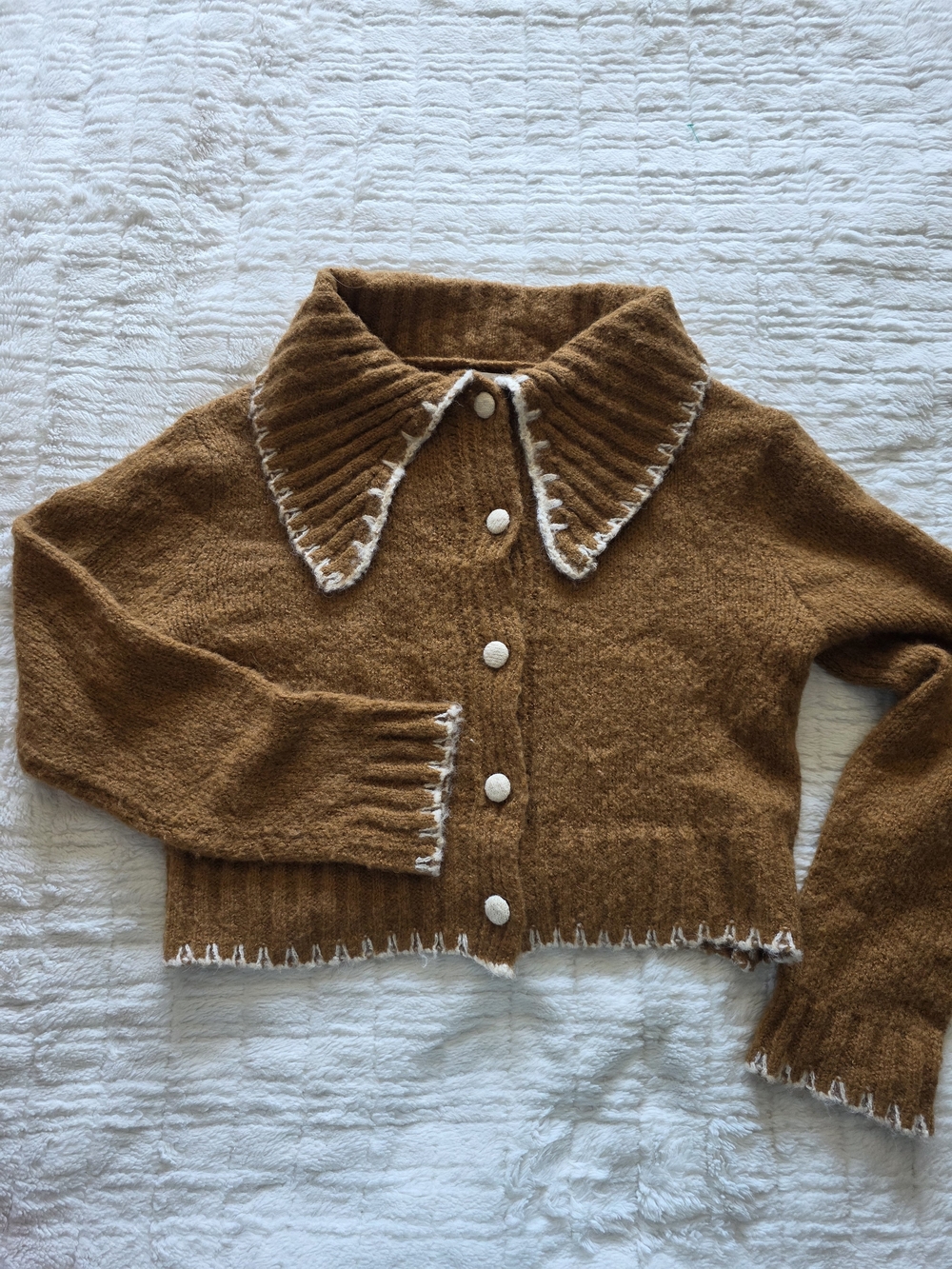 Astr Rust Brown Cropped Cardigan with Contrast Cream Trim